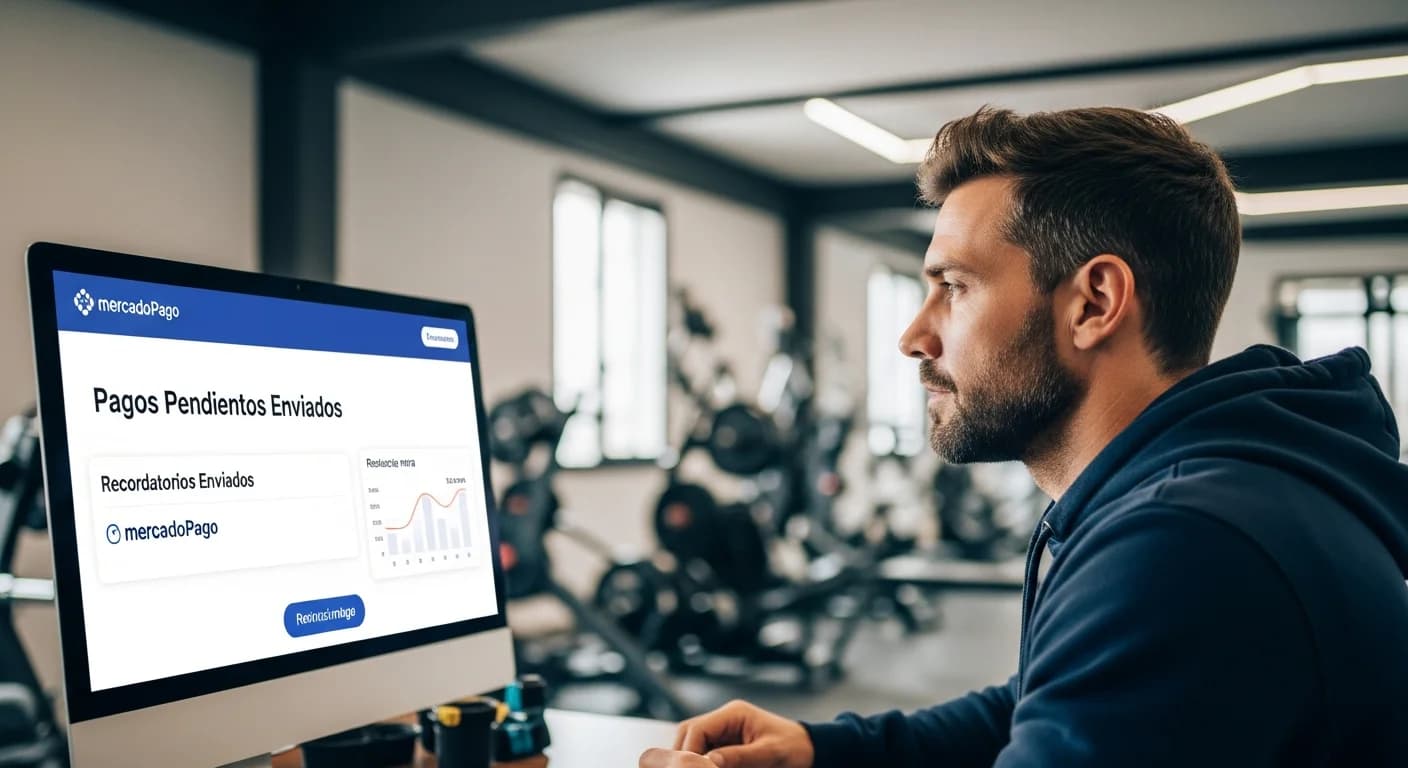 Dueño de gym gestionando recordatorios de pago y mora con un sistema integrado con MercadoPago, optimizando cobros.