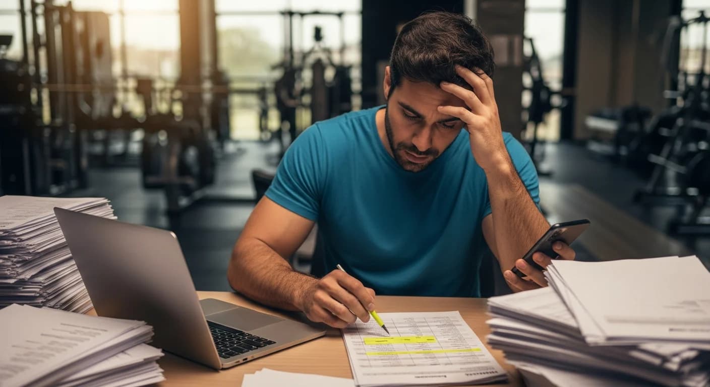 Dueño de gimnasio argentino estresado gestionando cobranzas manuales y papeles, reflejando el impacto de la morosidad.
