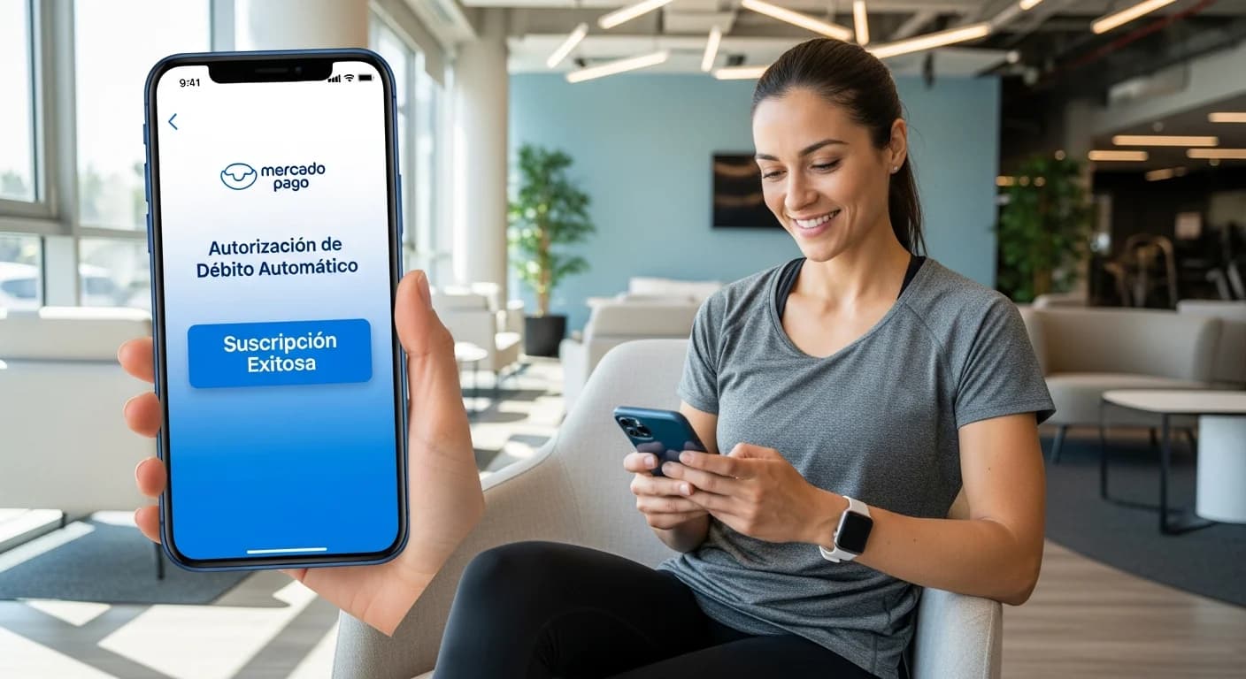 Socia argentina autorizando fácilmente un pago automático de membresía vía Mercado Pago en su celular, sin fricciones.
