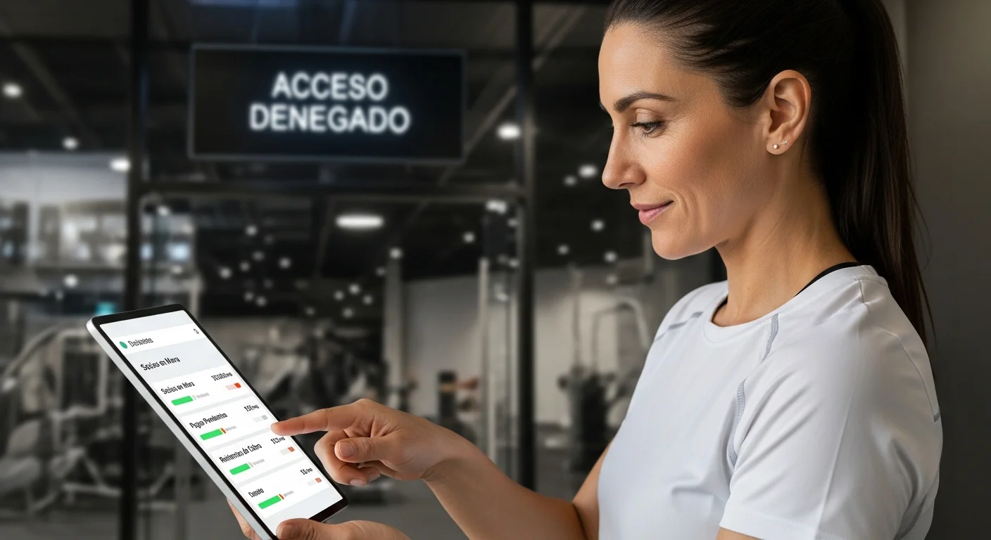 Dueña de gimnasio argentina revisando dashboard de mora y pagos fallidos, con control de acceso automático en el fondo.