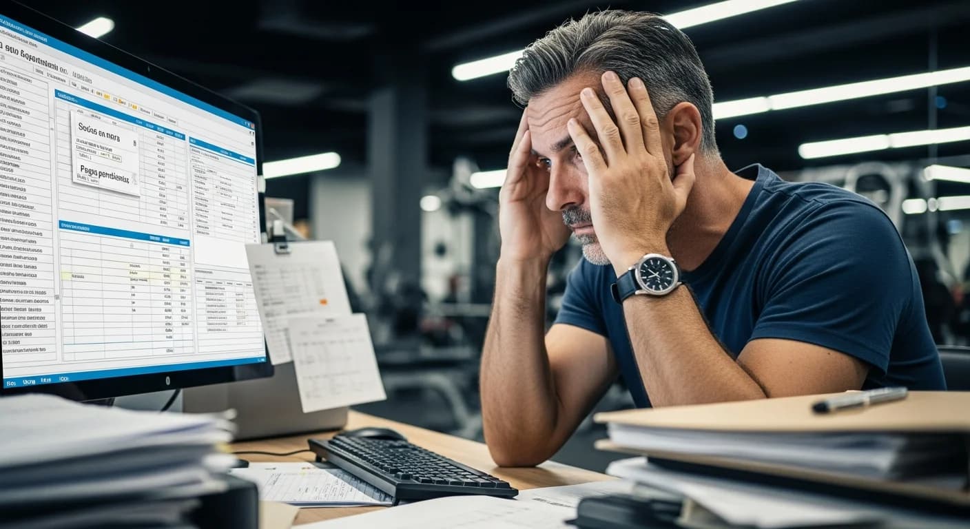 Dueño de gimnasio frustrado revisando datos en una computadora antigua, simbolizando la necesidad de migrar software.