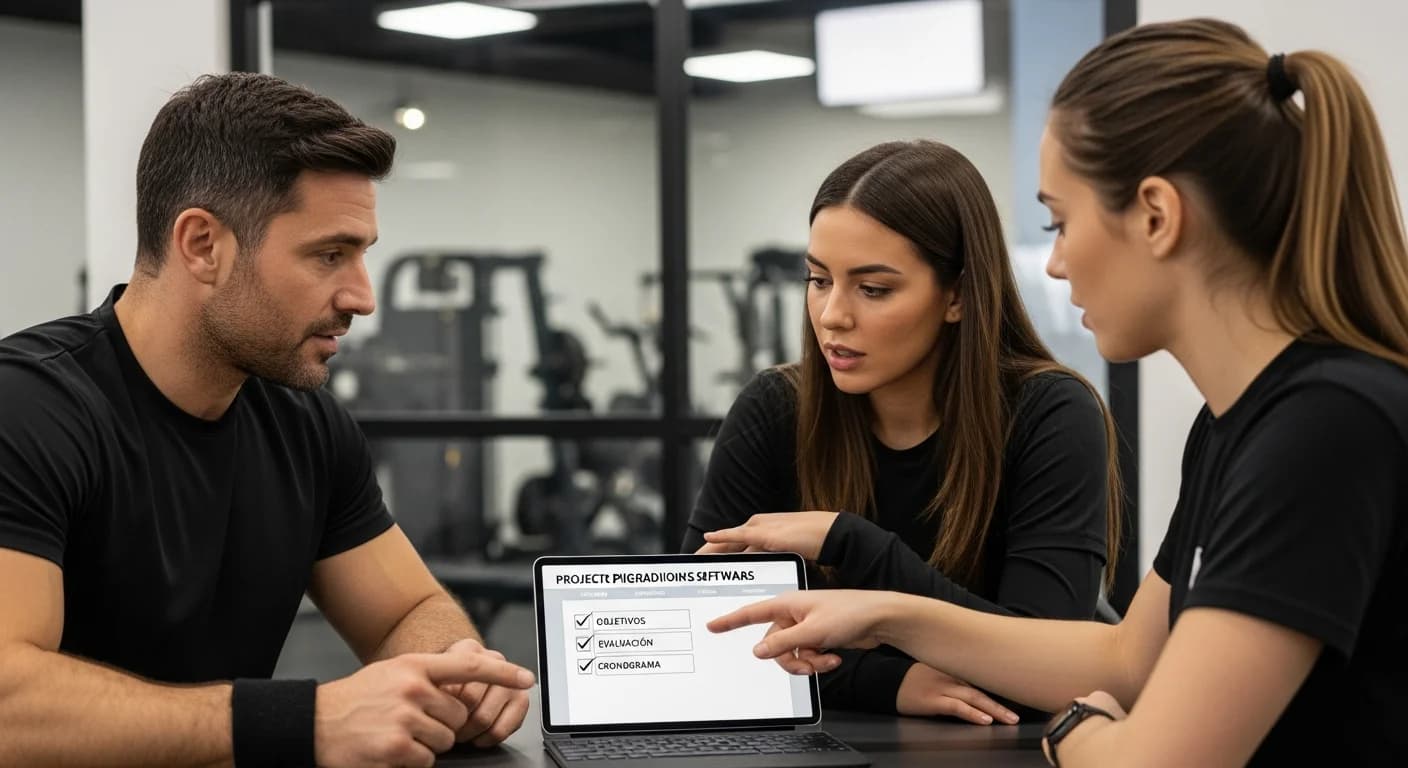 Equipo de gimnasio planificando la migración de software en una tablet, siguiendo una guía paso a paso.