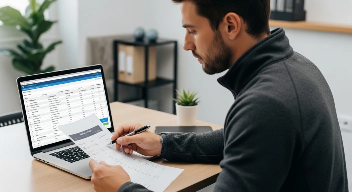 Profesional de gimnasio verificando cuidadosamente el traspaso de datos de socios en una pantalla de computadora.