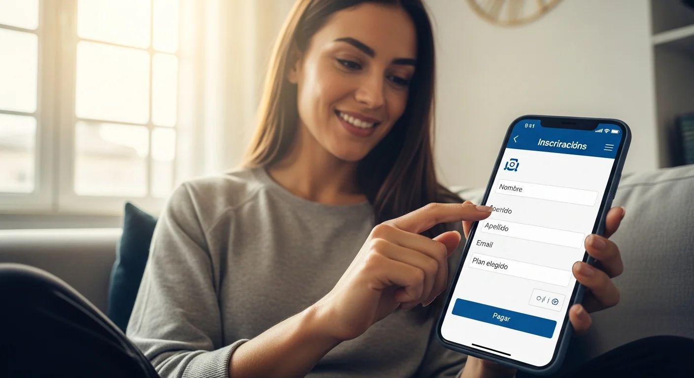 Una mujer sonriente se inscribe a un gimnasio desde su celular, completando un formulario digital en español.