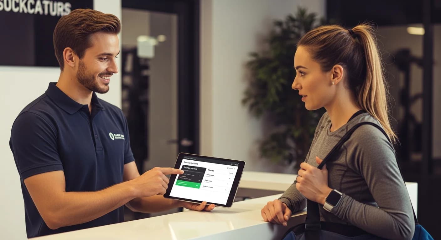 Recepcionista de gimnasio mostrando la plataforma de gestión de socios en una tablet a una nueva socia.