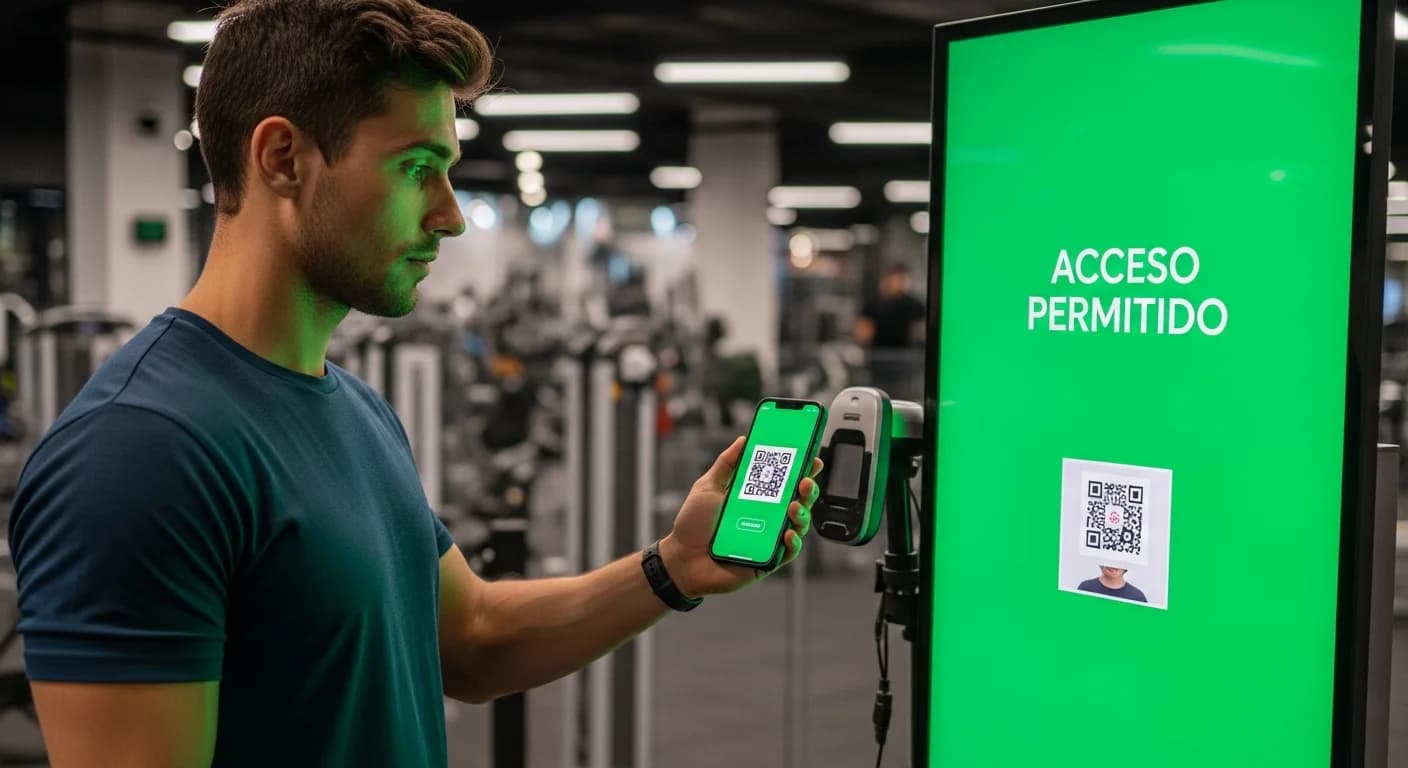 Socio de gimnasio escaneando código QR en su celular para ingresar, con pantalla verde de acceso permitido.