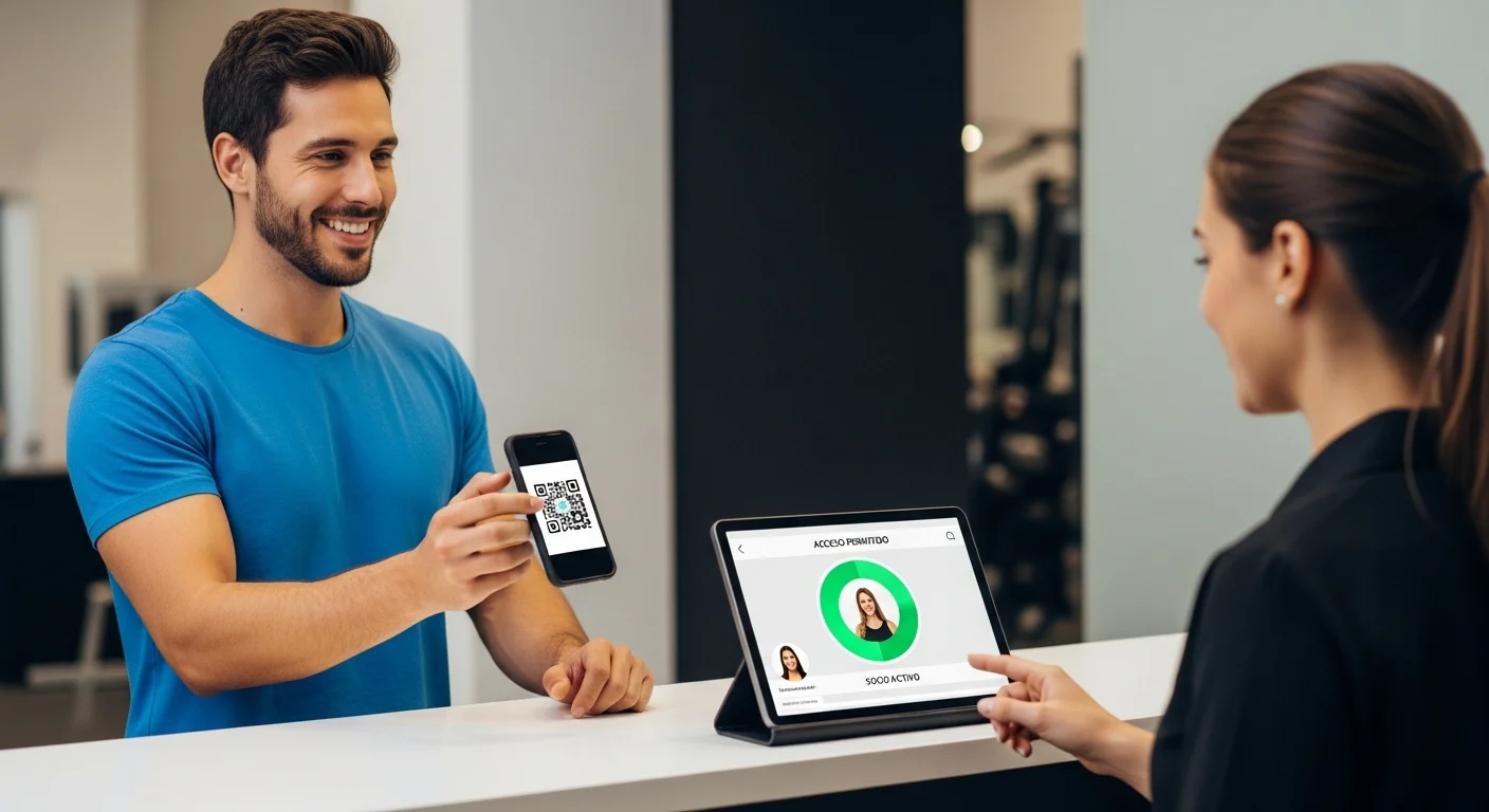 Socio haciendo check-in con QR en recepción de gimnasio multi-sede, monitor muestra acceso verde en Argentina.