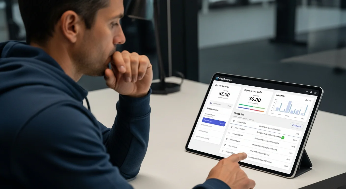 Dueño de gimnasio multi-sede revisando dashboard con historial de check-ins y métricas por sede en Argentina.