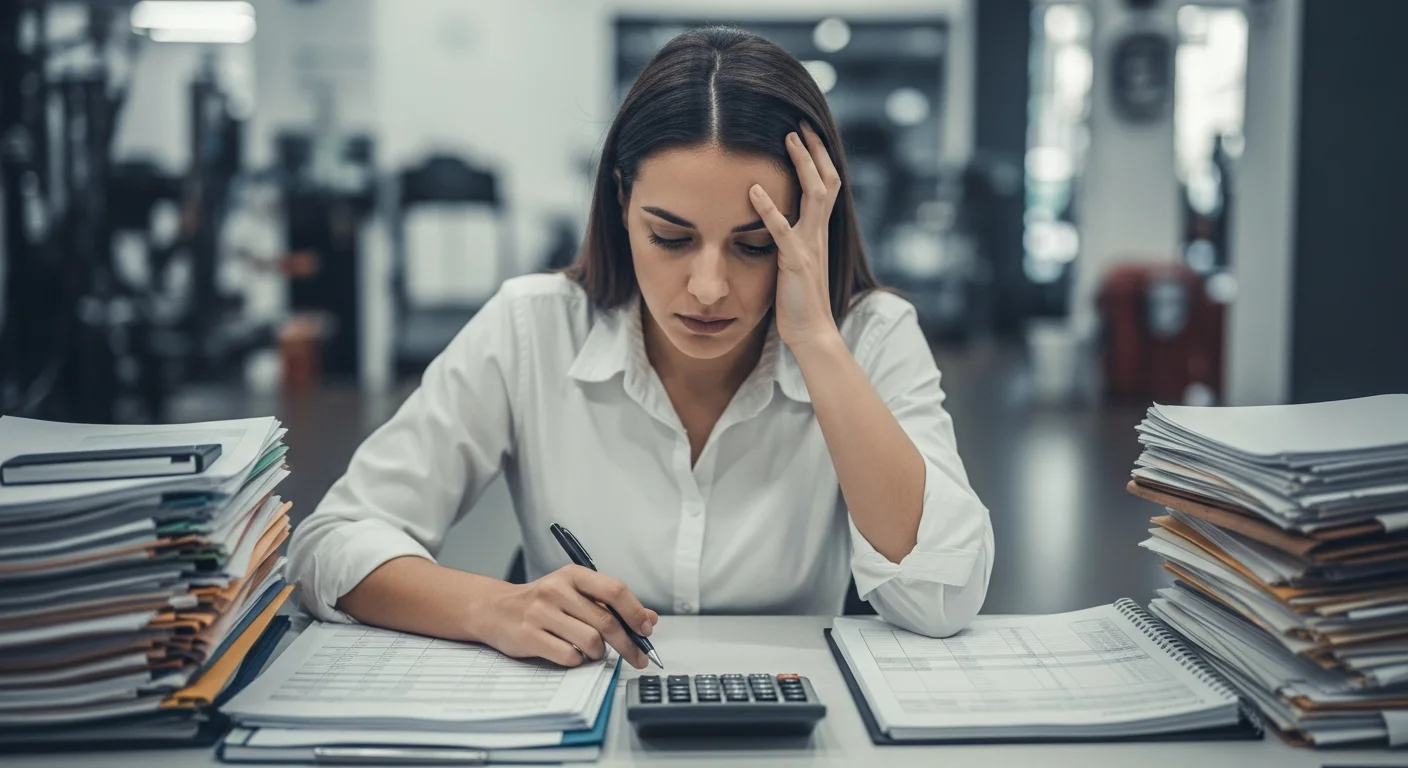 Dueño de gym argentino frustrado con papeles y calculadora, gestionando planes flexibles sin sistema.
