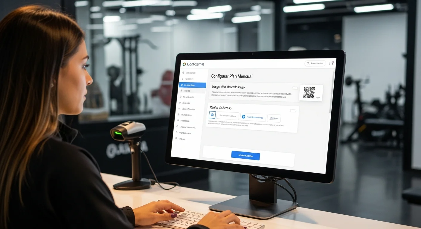 Gerente de gym argentina configurando planes de membresía flexibles y cobros automáticos en la plataforma GymSmartAccess.