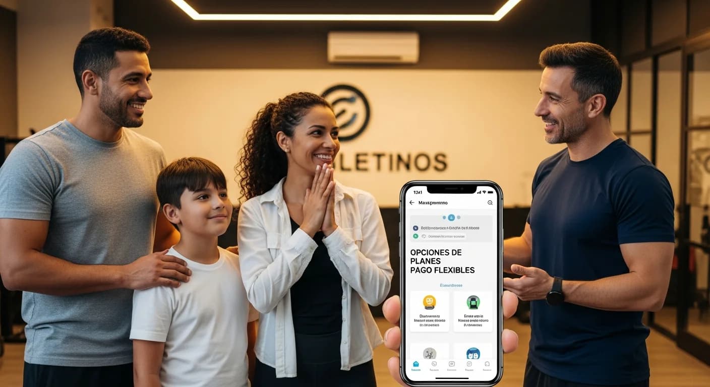 Familia argentina sonriente en la recepción de un gym, viendo planes de pago flexibles en una tablet que les permiten entrenar juntos.