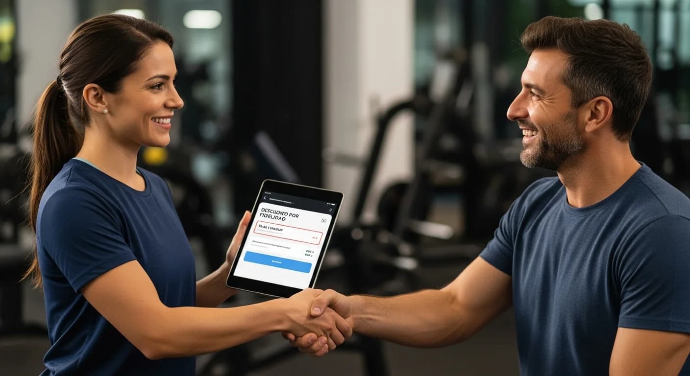 Dueña de gym y socio feliz sellando un acuerdo de plan flexible, mostrando descuentos por fidelidad en una tablet.