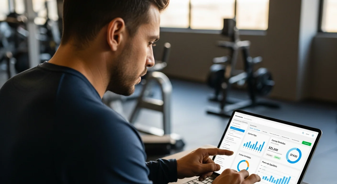 Dueño de gimnasio argentino analizando costos fijos y variables en un dashboard para calcular el punto de equilibrio.
