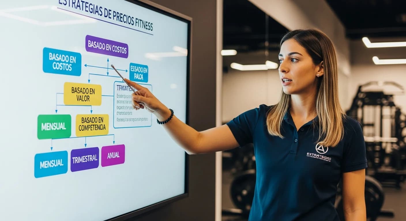 Profesional de gimnasio planificando estrategias de precios fitness en un dashboard digital con modelos de membresía.