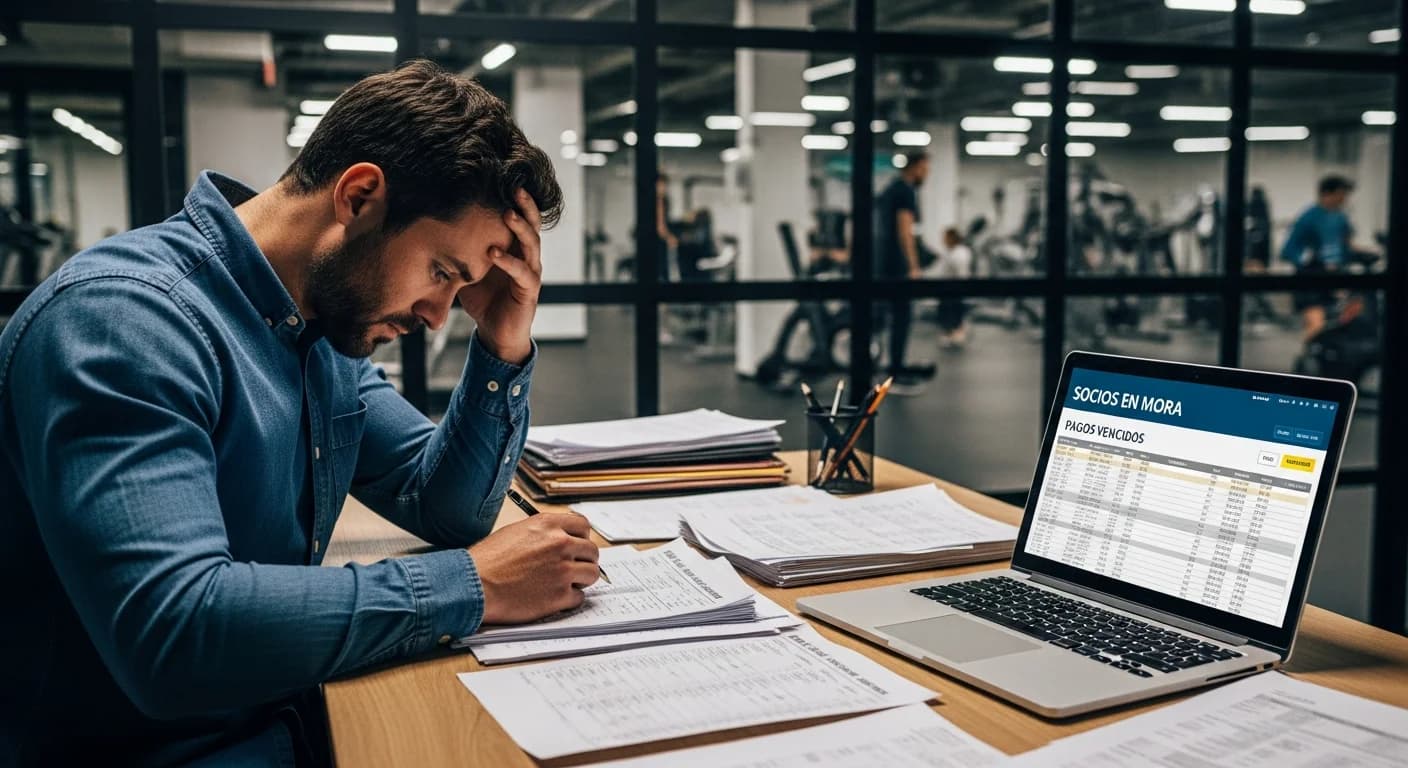 Dueño de gym estresado gestionando pagos y socios en mora con papeles y computadora, en oficina.