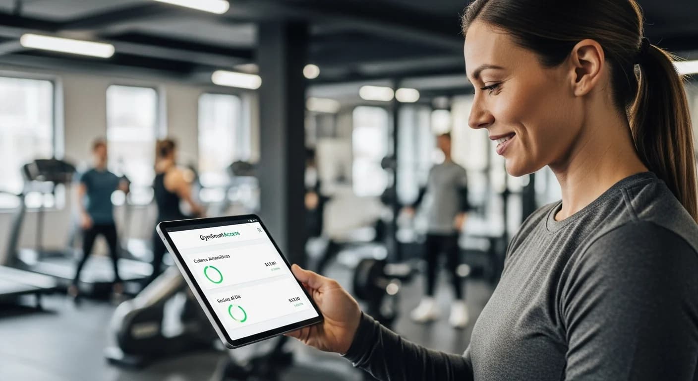 Dueño de gym sonriente revisa dashboard de GymSmartAccess con cobros automáticos y socios al día.