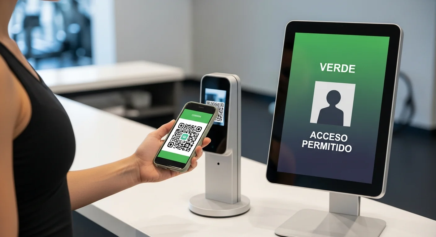 Socio de gym escaneando código QR en su celular para ingresar, monitor de acceso muestra estado VERDE.