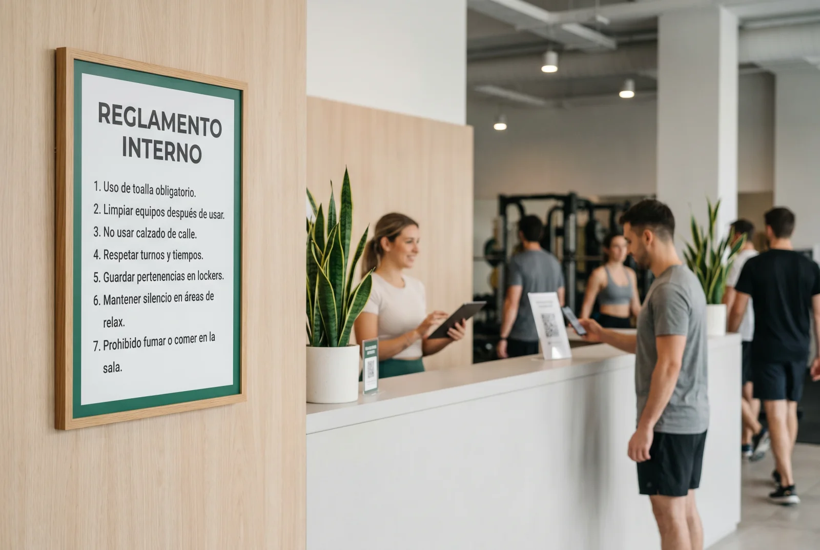 Reglamento interno exhibido en la recepción del gimnasio