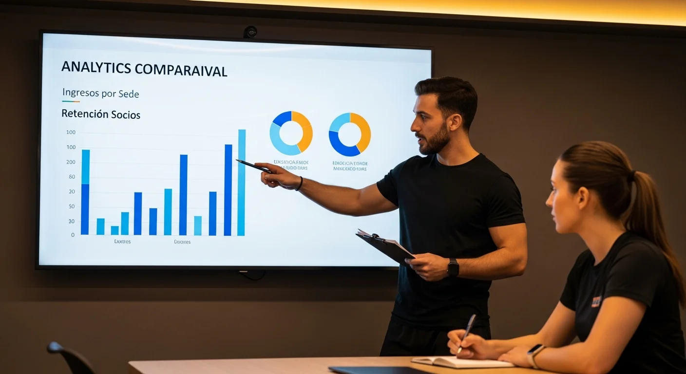 Gerente de gimnasio explicando analíticas comparativas de rendimiento y morosidad entre sedes a su equipo.
