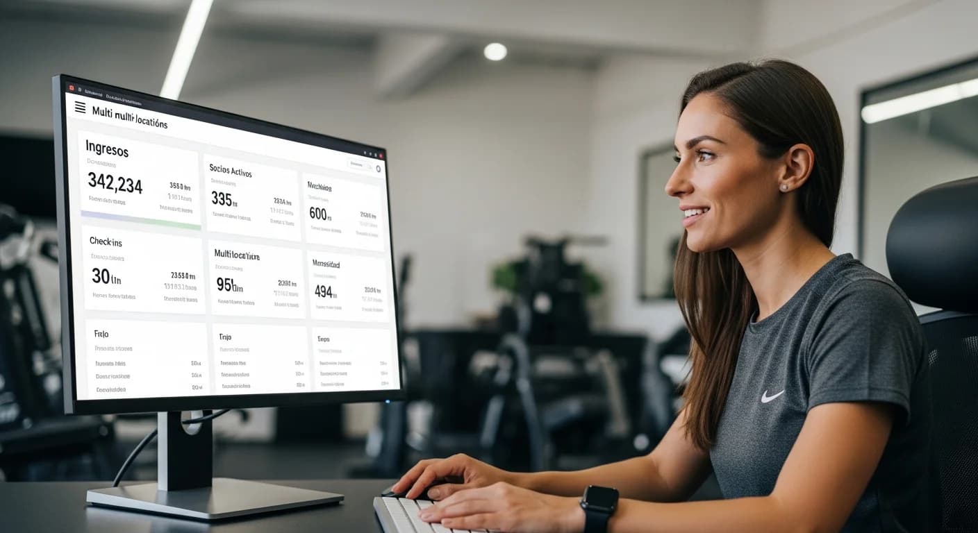 Dueña de cadena de gimnasios revisando un dashboard unificado con inteligencia de negocio para sus múltiples sedes.