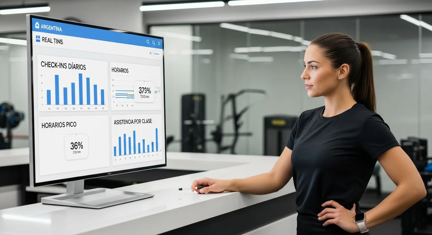Gerente de gimnasio revisando datos de check-in y asistencia de socios en un monitor, con gráficos en español.