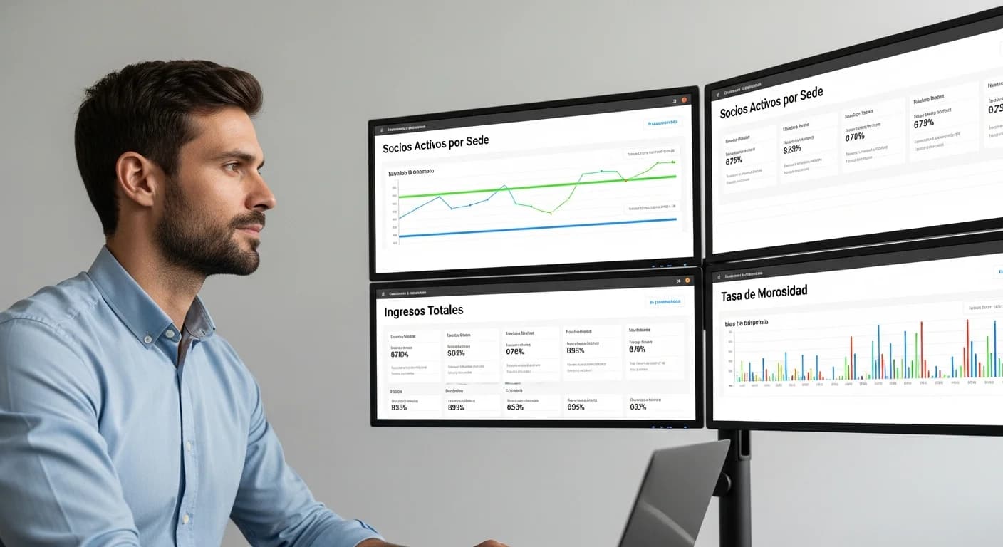 Manager comparando el rendimiento de múltiples sedes de gimnasio en un dashboard centralizado, con métricas en español.