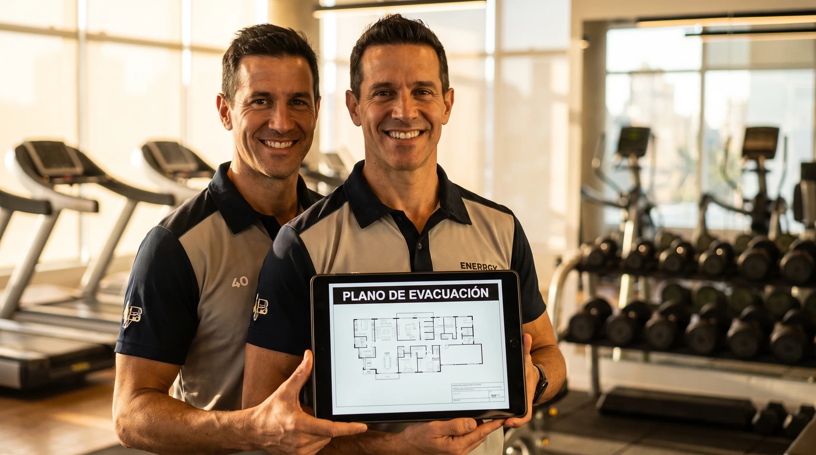 Dueño de gimnasio en Argentina revisando planos de evacuación en una tablet para la habilitación municipal.