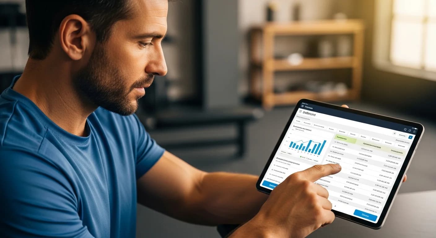 Dueño de gimnasio analizando un dashboard en una tablet, gestionando socios y pagos para mejorar la retención.