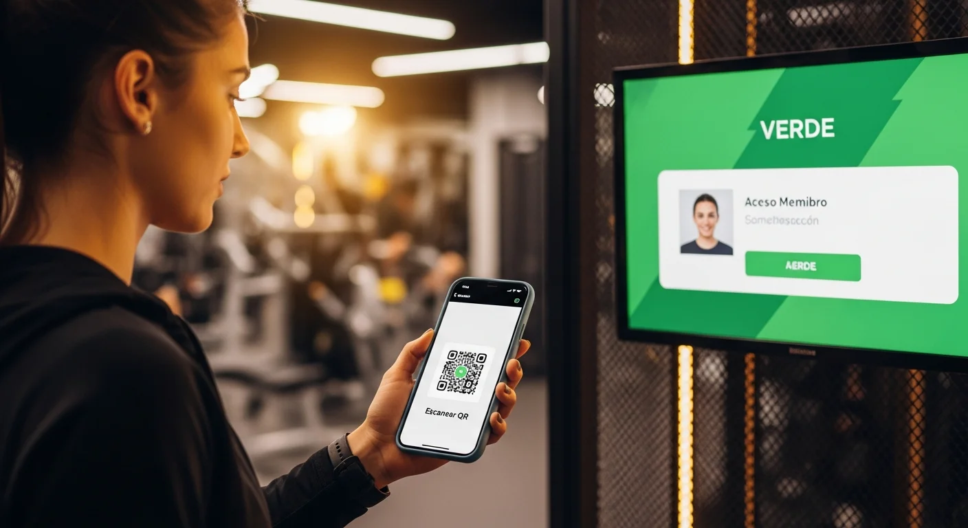 Socia escaneando un código QR con su celular para acceder al gimnasio, con monitor mostrando 'VERDE' en la entrada.