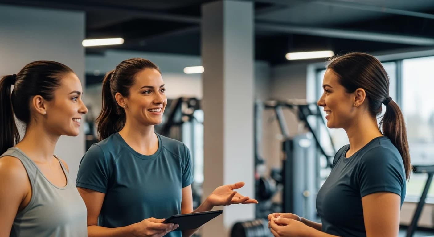 Dueña de gimnasio conversando con socios, fomentando la lealtad y comunidad con apoyo de la tecnología.