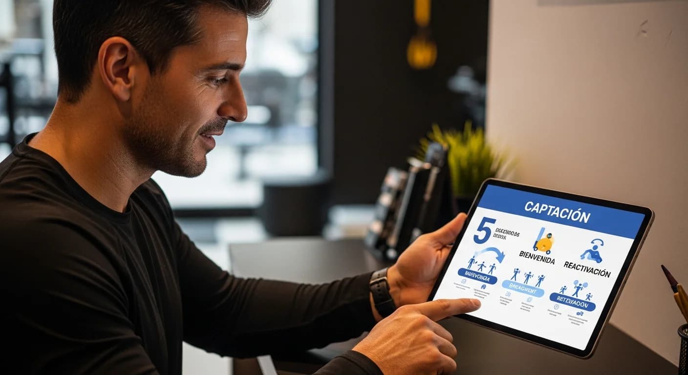 Dueño de gimnasio analizando el ciclo de vida de sus socios en un dashboard digital con etapas de captación y retención.