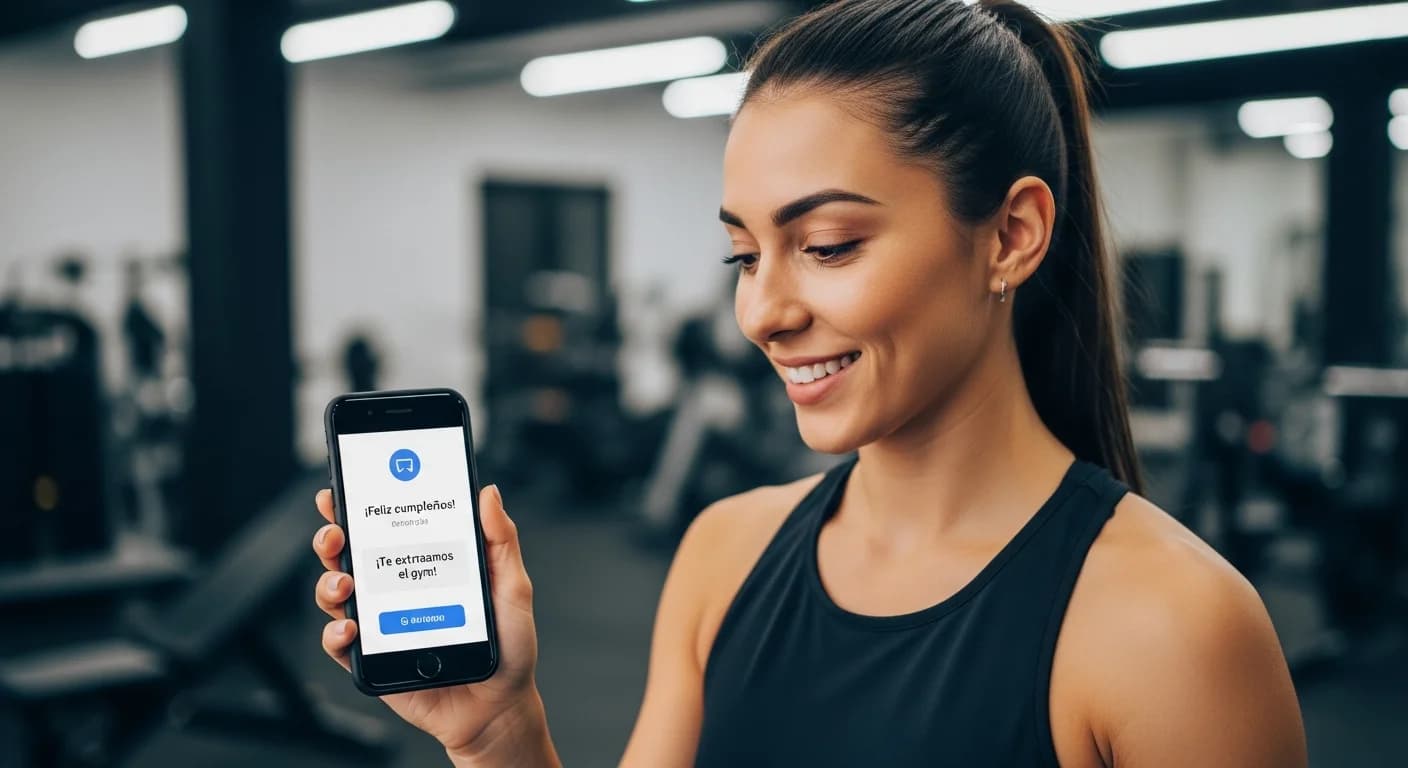 Socia de gimnasio sonriendo al recibir un mensaje automatizado de felicitación o recordatorio en su celular.
