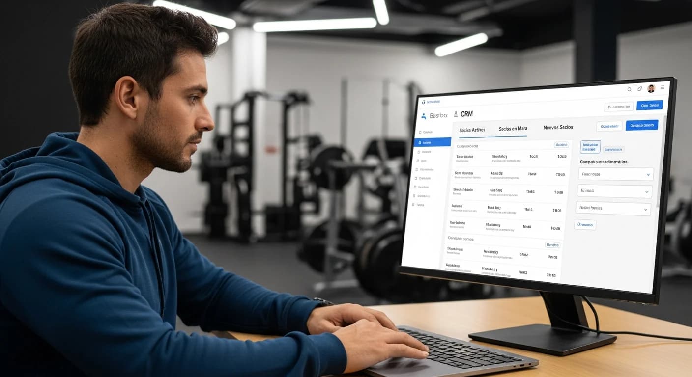 Gerente de cadena deportiva gestionando socios segmentados y campañas automatizadas en un dashboard de CRM para gimnasios.