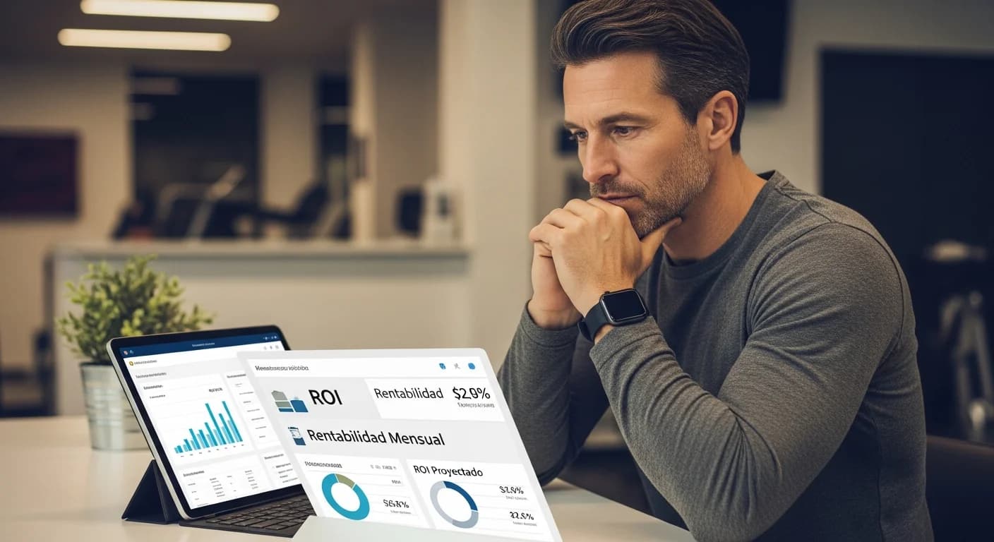 Dueño de gimnasio analizando el ROI de un software de gestión en una tablet, con gráficos de rentabilidad.