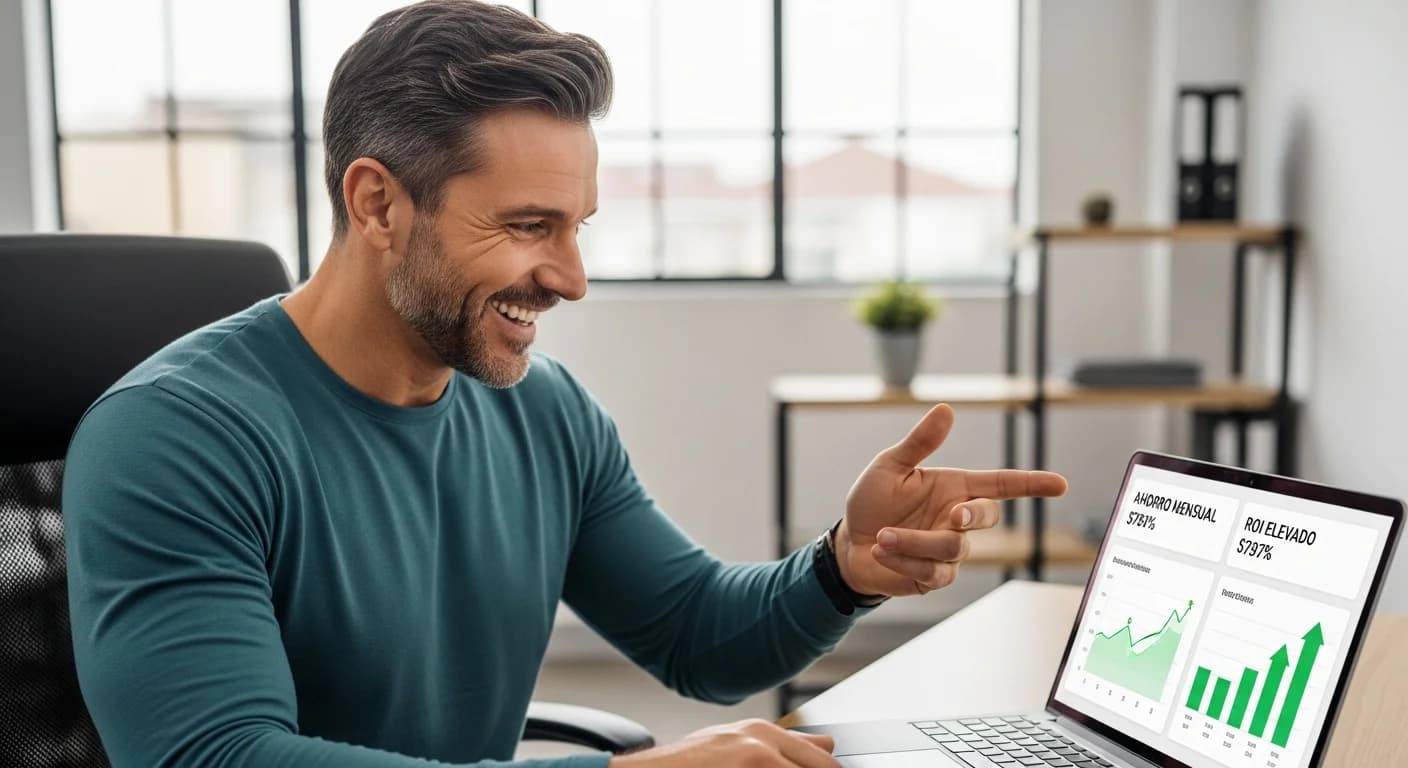 Dueño de gimnasio sonriendo mientras calcula el ROI positivo de su software de gestión en la pantalla.