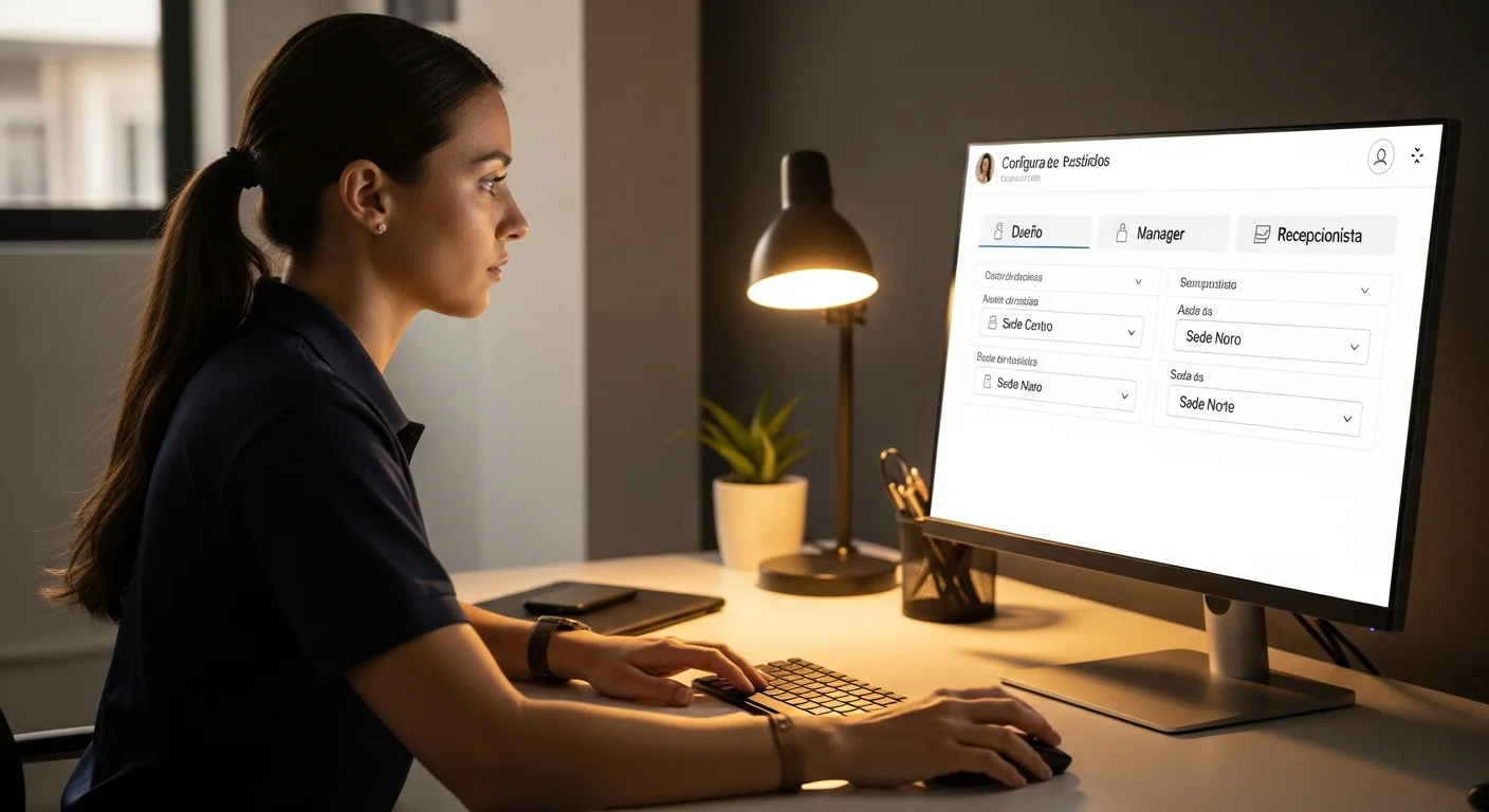 Manager de gimnasio configurando roles y permisos del personal por sede en una plataforma, optimizando la gestión de empleados.