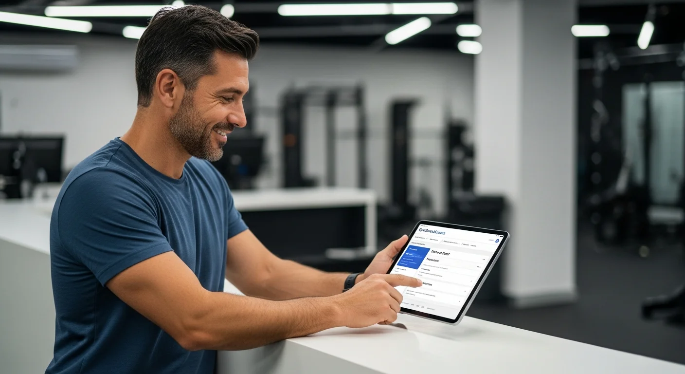 Dueño de gimnasio sonriente usando la plataforma GymSmartAccess en una tablet para gestionar roles y permisos del staff.