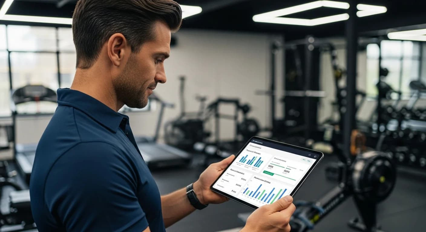 Dueño de gimnasio gestionando planes de socios y promociones estacionales desde una plataforma digital.