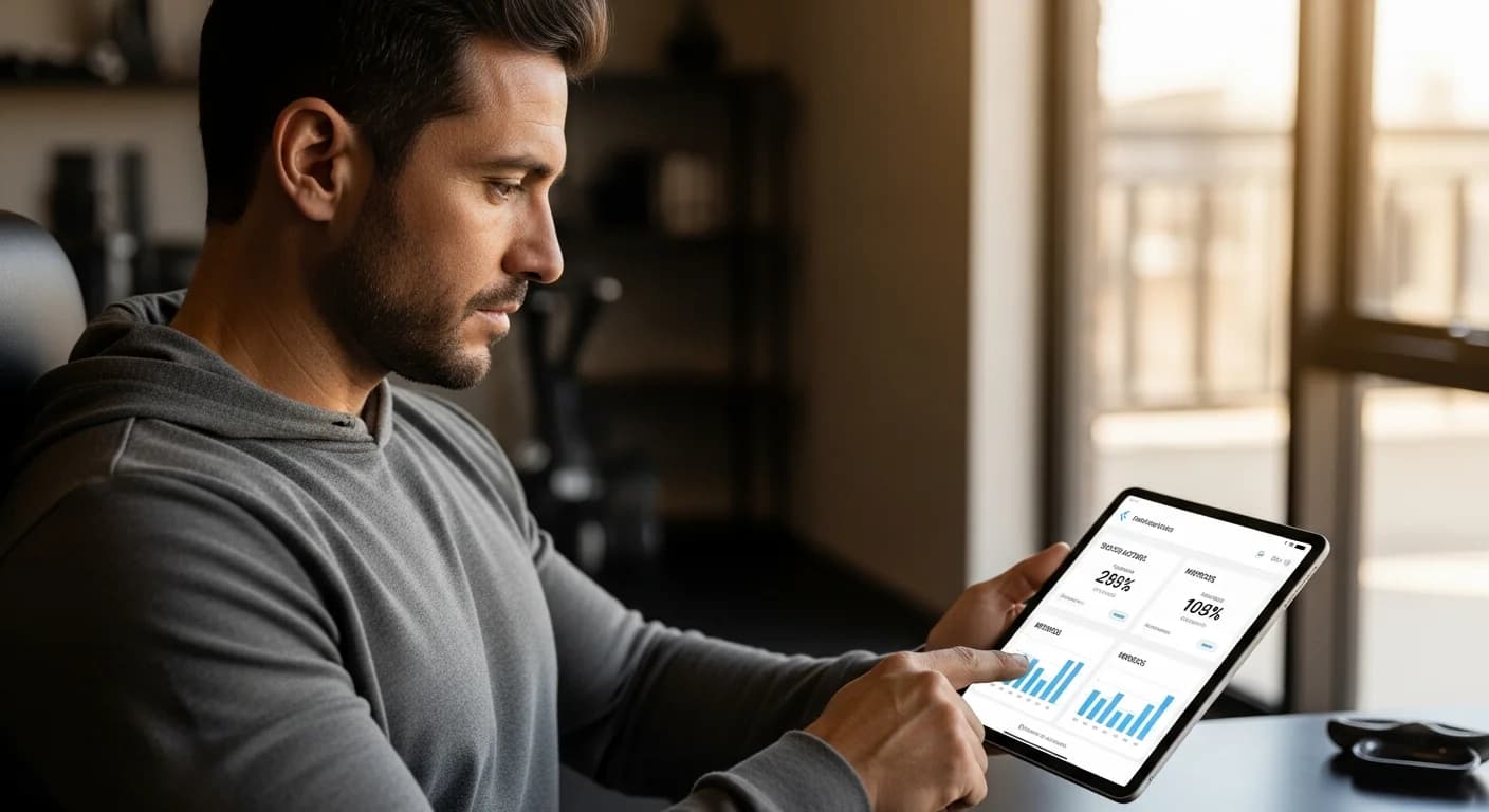 Dueño de gimnasio argentino revisando métricas de socios, ingresos y morosidad en un dashboard digital para gestionar su sede.