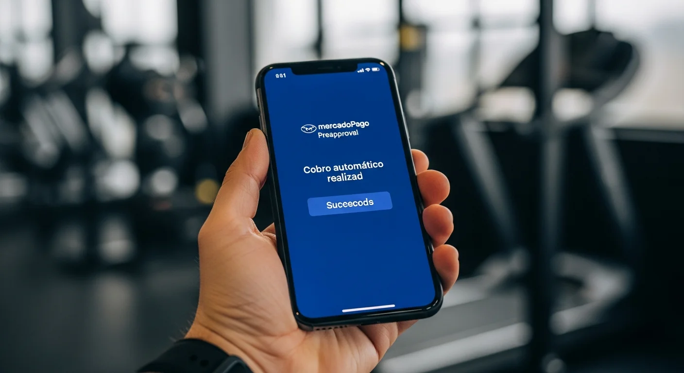 Mano sosteniendo un celular con la pantalla de MercadoPago Preapproval mostrando un cobro automático exitoso para un socio del gym.