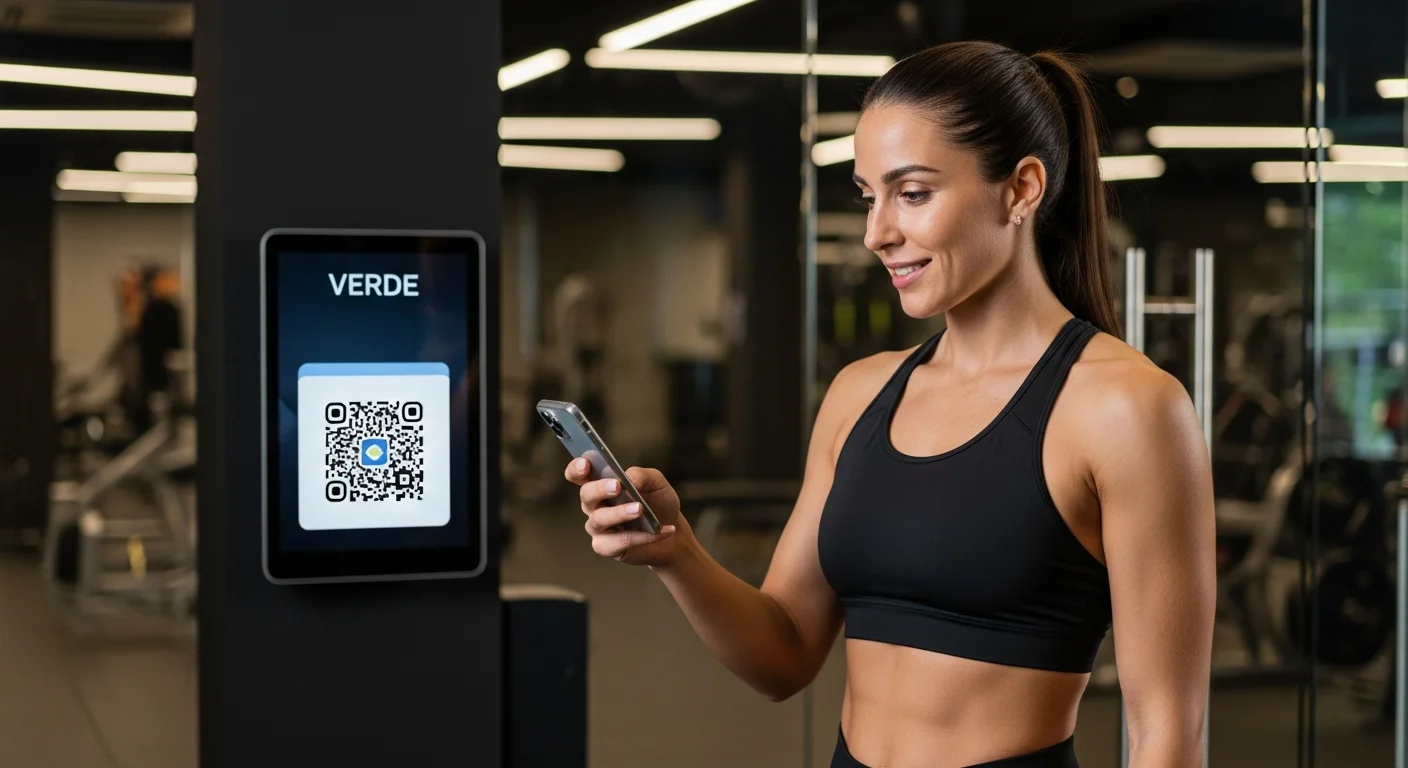 Socia de gimnasio argentina haciendo check-in escaneando un código QR con su celular en la entrada del gym sin molinetes.