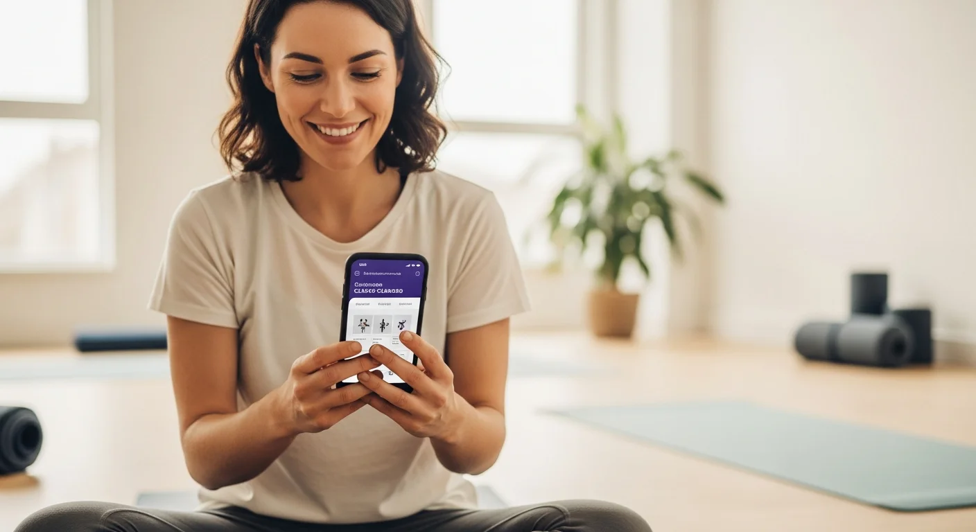 Socia sonriendo mientras reserva una clase de yoga en su celular con un sistema de reservas online.