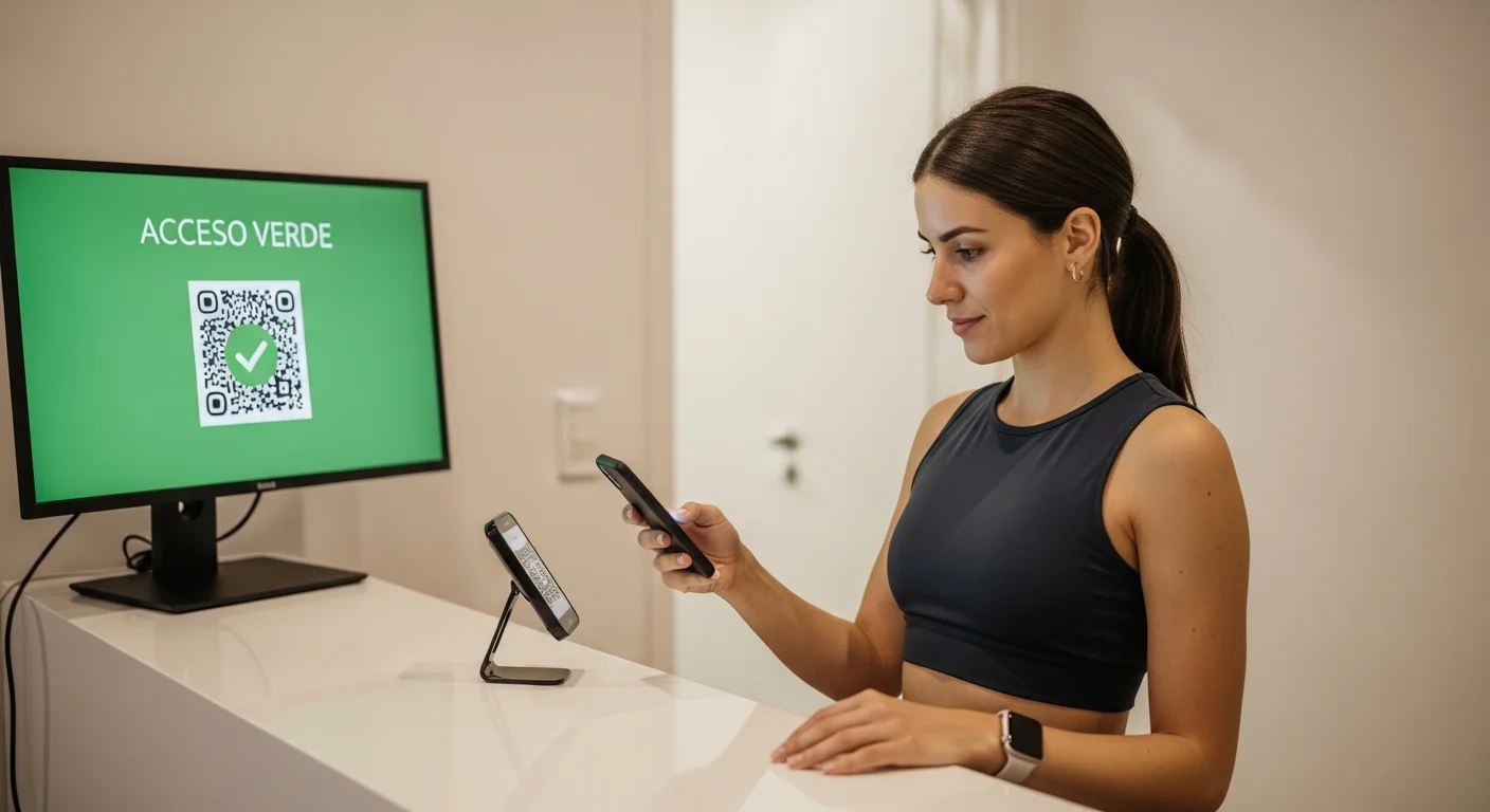Socia escaneando un código QR en la recepción de un estudio de pilates para su check-in sin hardware.