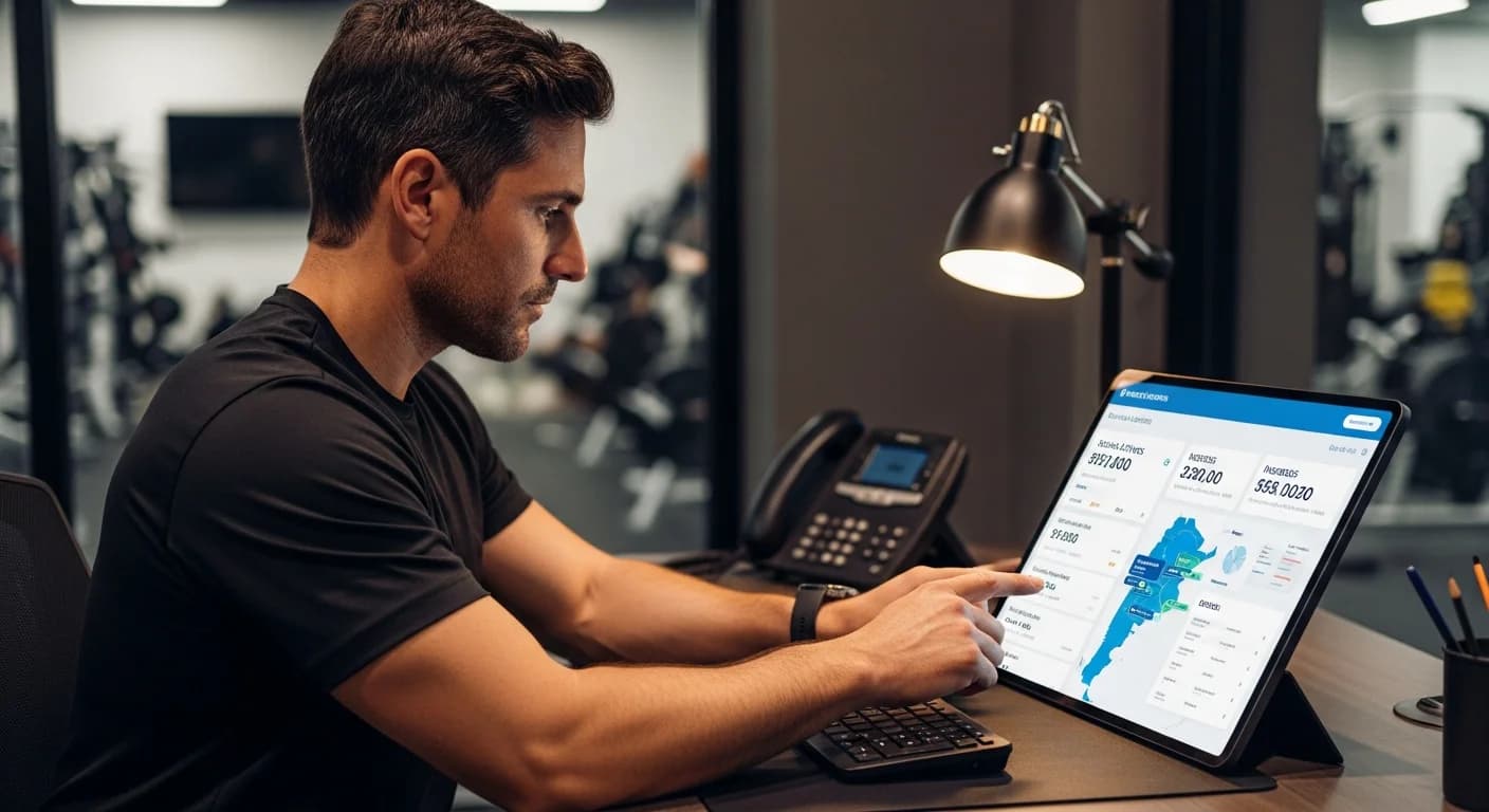 Dueño de estudio de yoga revisando métricas de múltiples sedes en un dashboard de gestión para expansión.