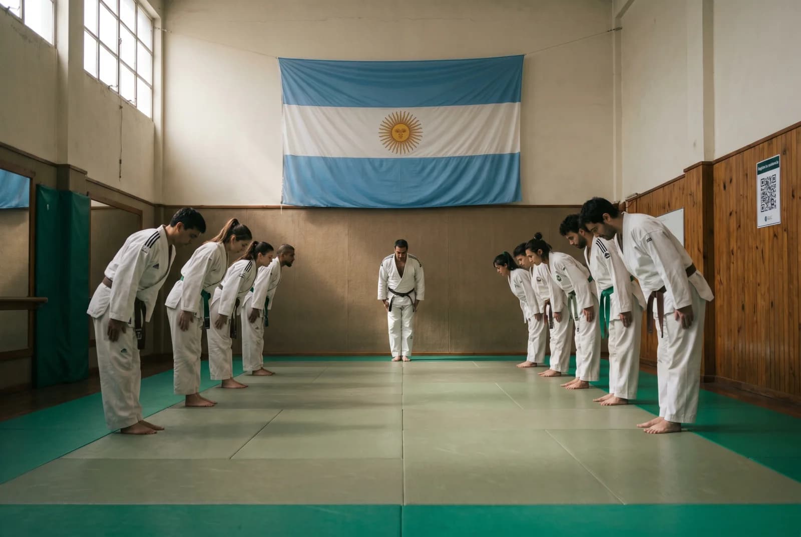 Clase de artes marciales en una academia argentina