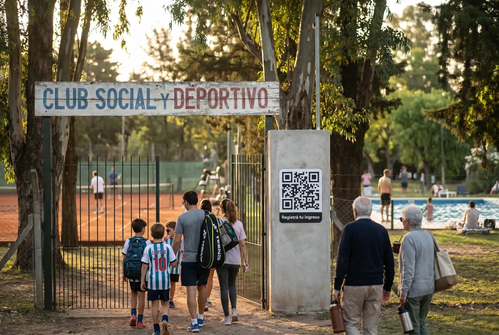 Entrada de un club deportivo argentino con familias llegando