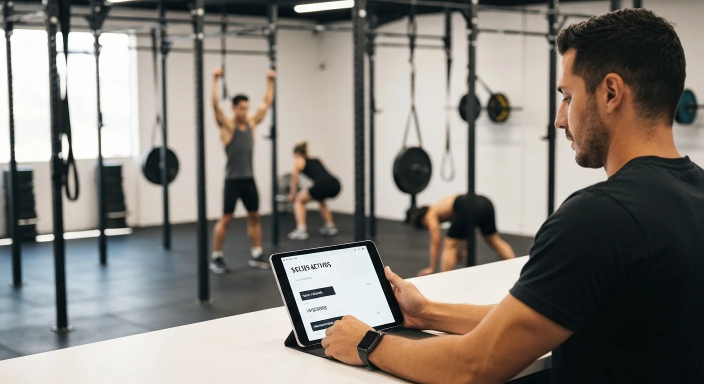 Dueño de box de CrossFit en Argentina gestionando socios y métricas desde una tablet en su gimnasio.