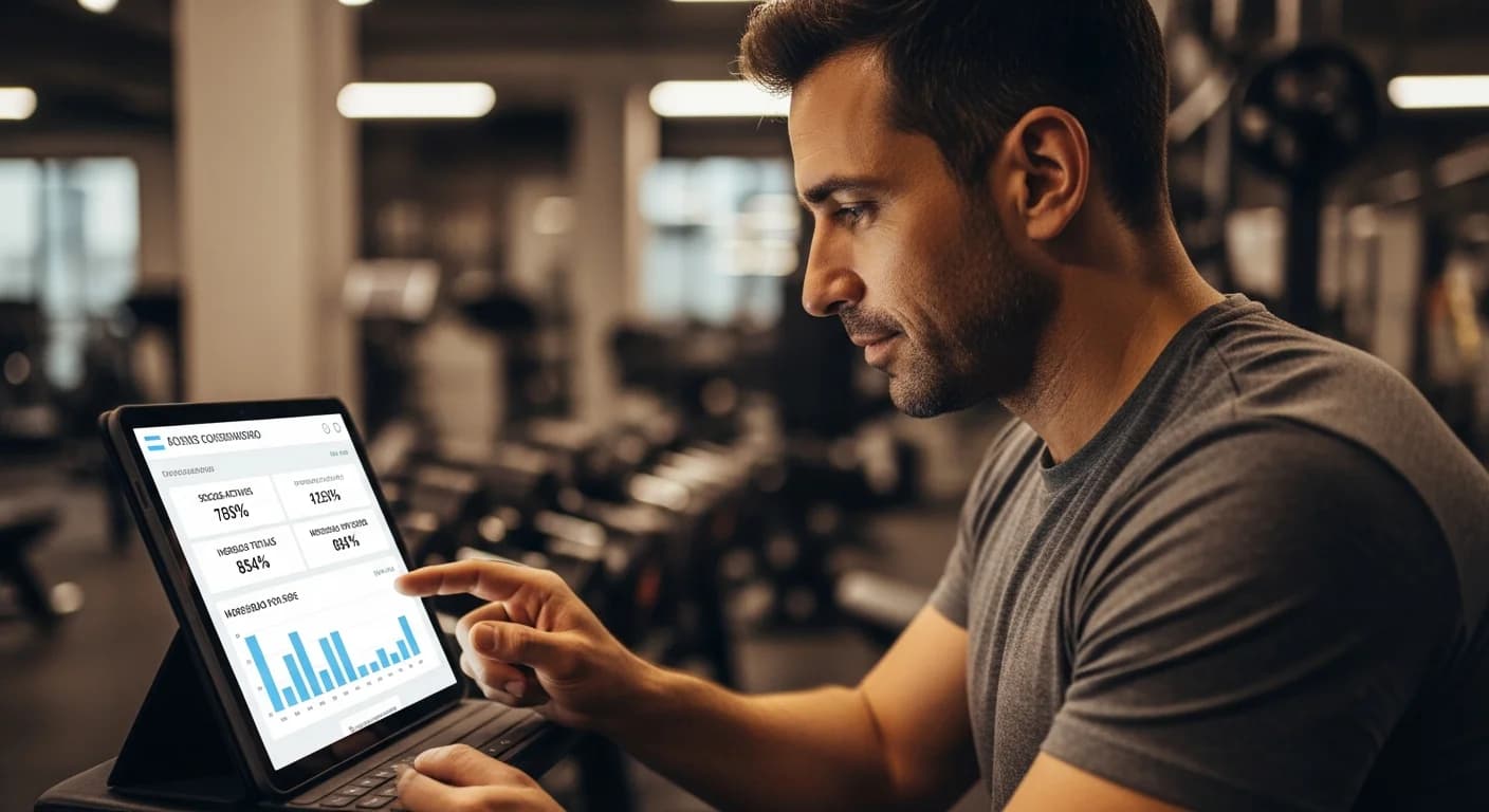 Dueño de gimnasio argentino revisando un dashboard unificado en una tablet, mostrando socios activos e ingresos de múltiples sedes.