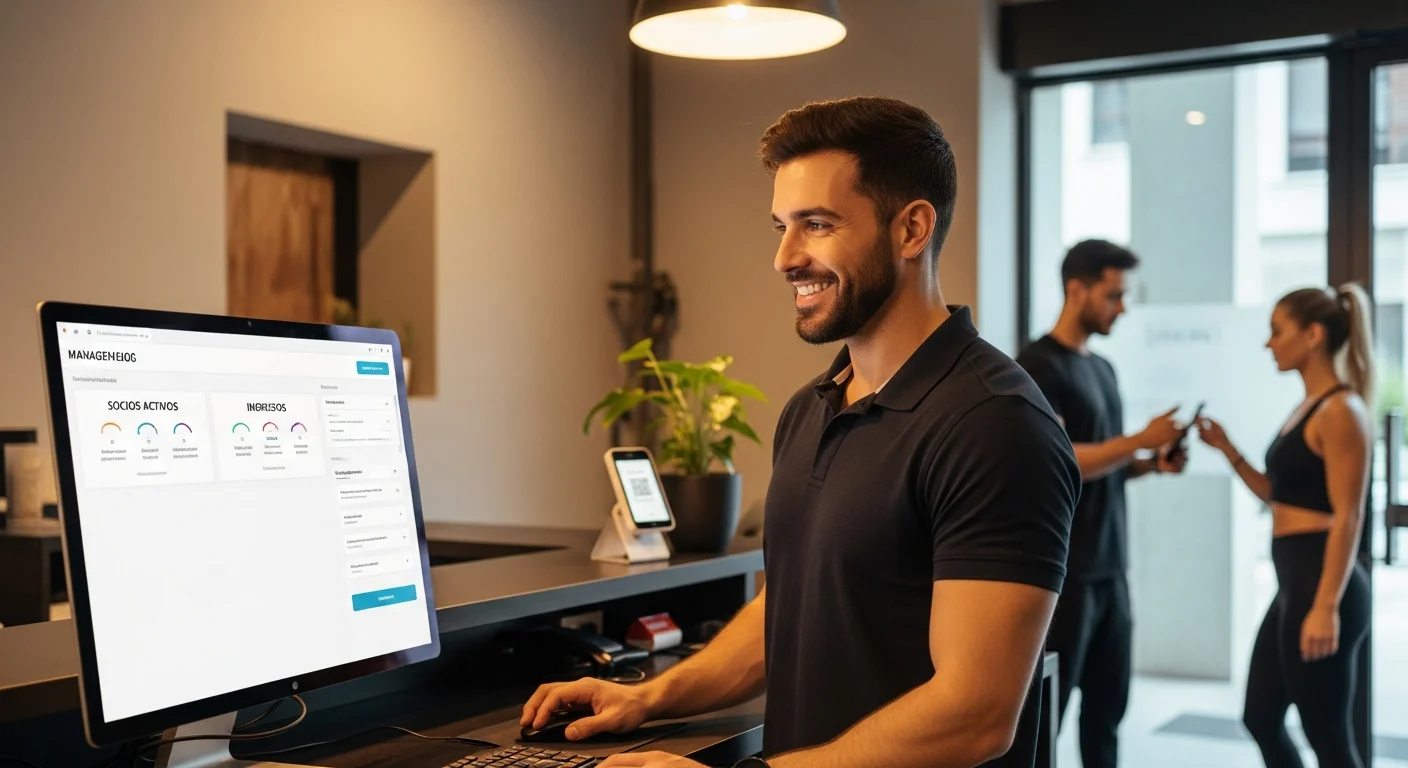 Manager de gimnasio sonriendo frente a un dashboard, mientras un socio realiza un check-in rápido con QR, mostrando eficiencia.