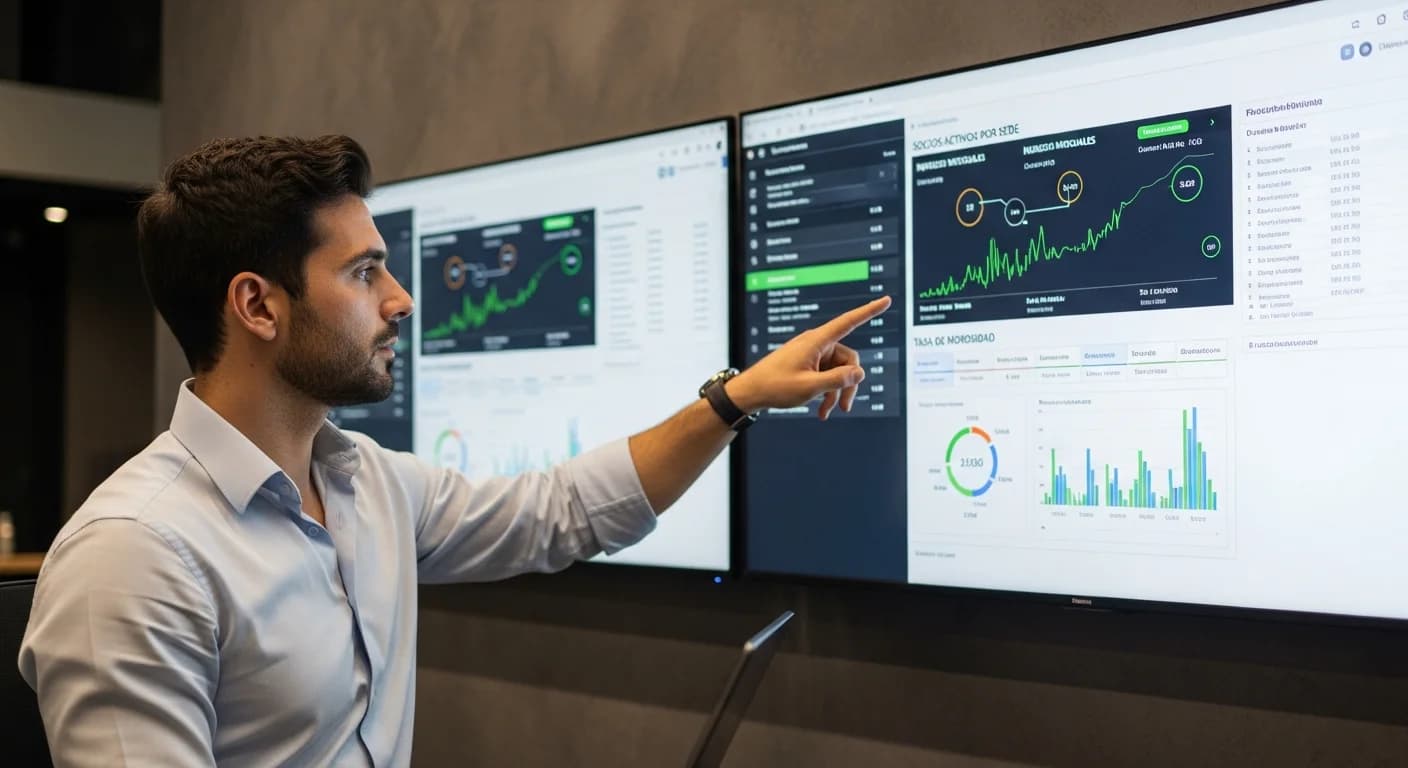 Manager de cadena de gimnasios analizando reportes unificados multi-sede en una pantalla grande, con métricas clave.